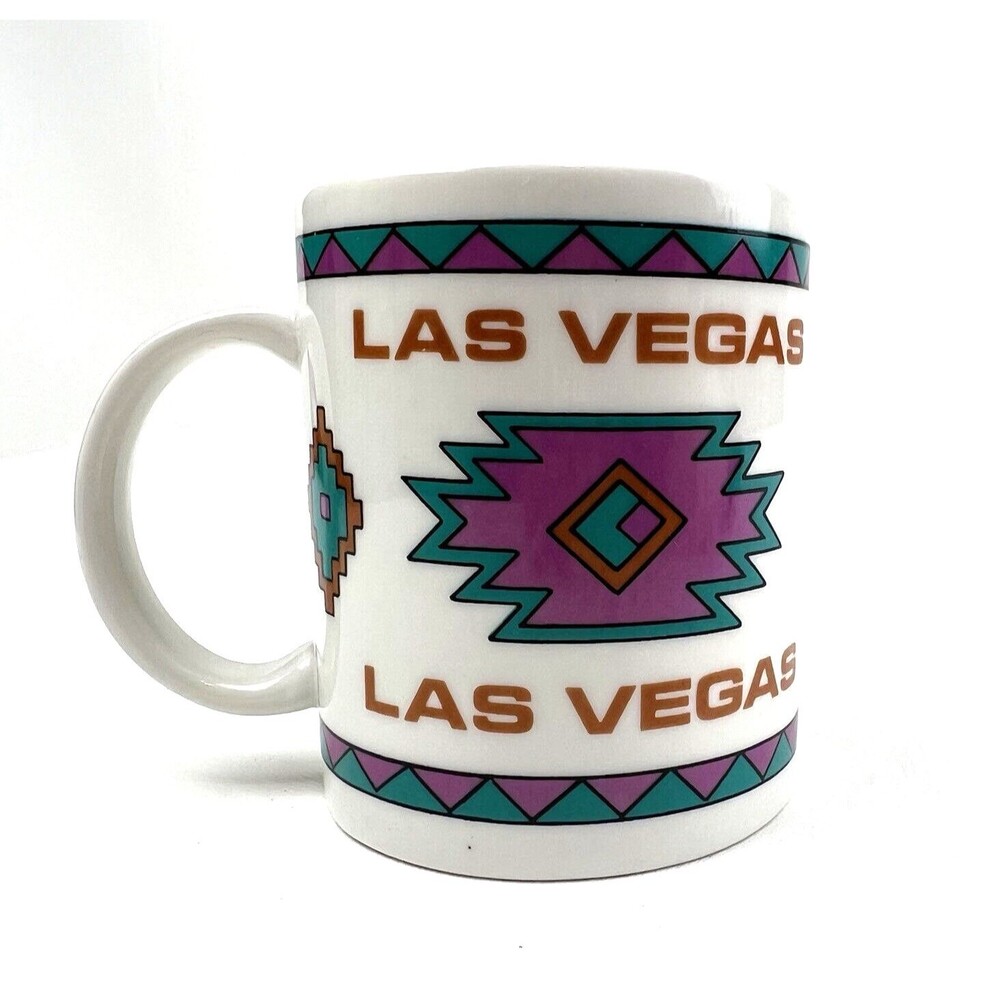 Las Vegas Coffee Mug Cup VTG 90s Native Aztec Southwest Purple Teal 1991
